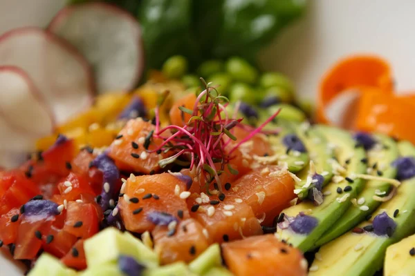 Delicious Poke Bowl Salmon Fish Fillet Fresh Vegetables Exotic Pescatarian — Stock Photo, Image