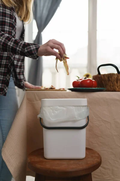 Female Person Recycling Food Leftovers Compost Bin Woman Cooking Home — Stock Photo, Image