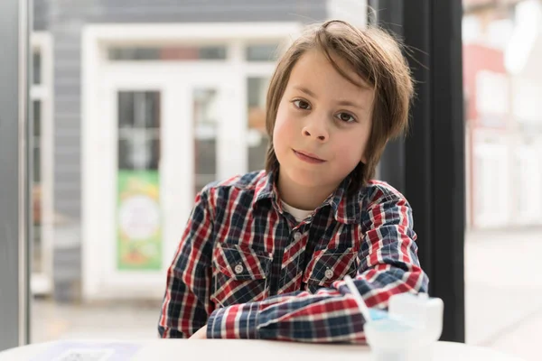 Portrait Cute White Boy Plaid Shirt Posing Cafe Hungry Little — Stock Photo, Image