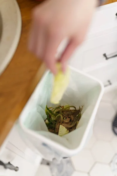 Mano Femenina Lanzando Cáscara Verduras Cubo Compost Una Cocina Casera — Foto de Stock
