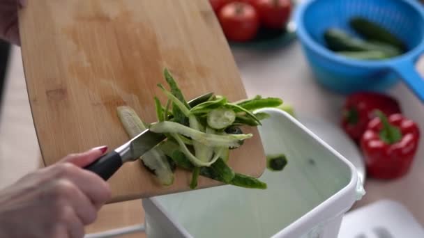 Kok Recycleert Voedsel Schillen Een Compostbak Vrouw Die Salade Kookt — Stockvideo