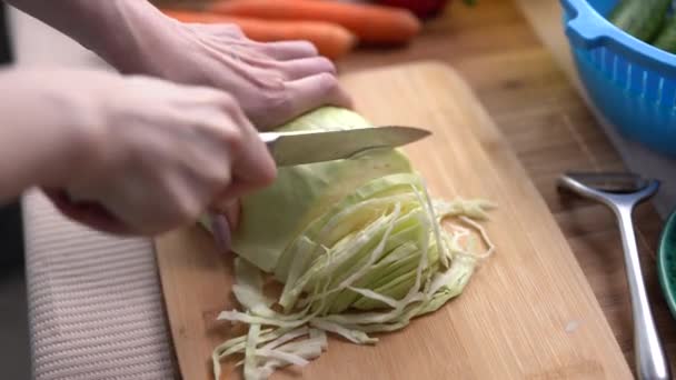 Frau Hackt Kohl Mit Messer Frauen Kochen Mittags Gesunden Veganen — Stockvideo