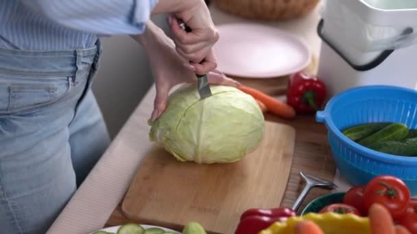 Woman Cuts Cabbage Wooden Board Female Person Cooking Healthy Lunch — Stock Video