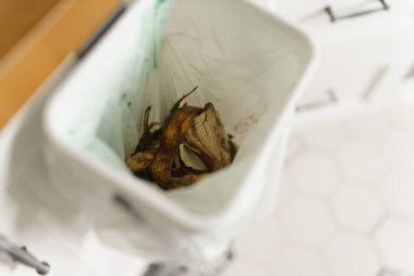 Bokashi mayası ve organik gıda artıklarıyla dolu bir çöp konteynırı. Ev mutfağında gübre kutusu. Sürdürülebilir yaşam tarzı ve sıfır atık kavramı
