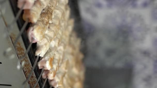 Carne Cerdo Jugosa Pinchos Parrilla Una Sartén Eléctrica Caliente Restaurante — Vídeo de stock