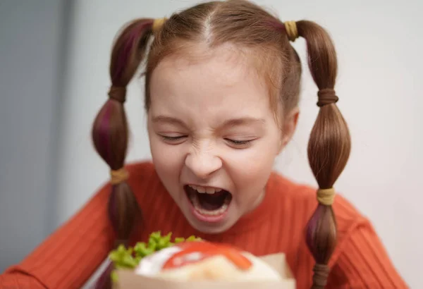 Funny White Girl Biting Sandwich Portrait Cute Year Old Kid — Stock Photo, Image