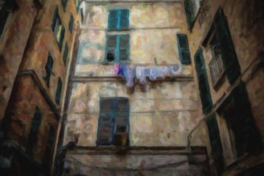 Genova, İtalya-12 Ekim, 2018: İtalyan şehir Genoa.Popular seyahat hedef kültür turizmi için dar sokak eski evde. Instagram vintage film filtresi