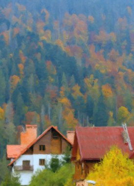 Dağlarda evi olan güzel bir manzara.