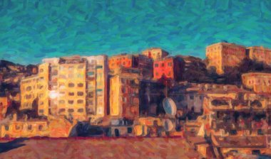 Genova, İtalya-12 Ekim, 2018: Genoa.Old İtalyan güzel alacakaranlıkta günbatımında ev sahipliği yapmaktadır. Kültür turizmi için popüler seyahat hedef. Instagram vintage film filtresi