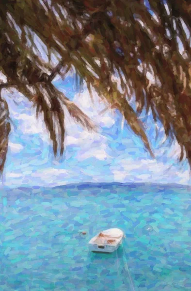 异国情调的旅游目的地 坐船出租 游到热带岛屿 美丽的蓝色泻湖背景 垂直海景视图 深蓝色亚得里亚海 鲜艳的色彩 — 图库照片