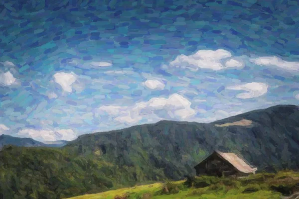 Rural landscape and lonely wooden cabin house on green hill under blue sky with white clouds in Carpathian mountains