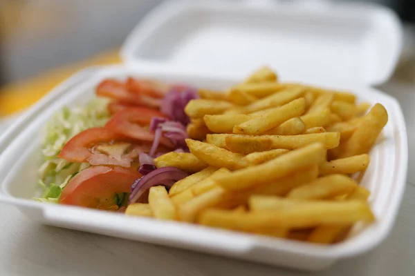 Stryrofoam Lunch Box French Fries Fresh Vegetables Traditional Greek Kalamaki — Stock Photo, Image