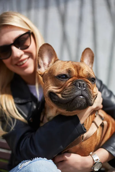 Sahibinin Kucağında Oturan Sevimli Bir Fransız Bulldog Portresi Mutlu Sahibi — Stok fotoğraf