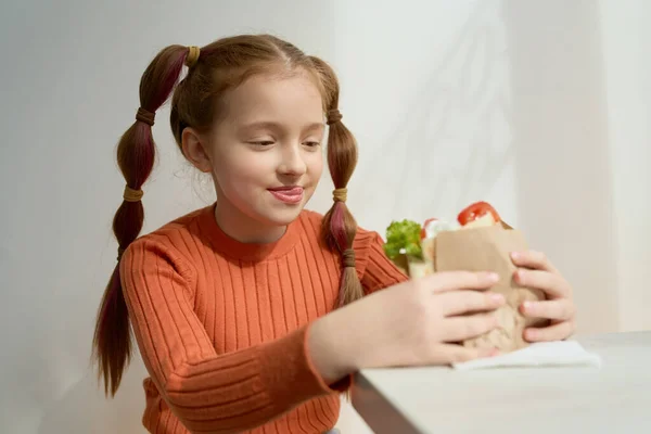 Hungry Little Girl Eating Greek Sandwich Fast Food Restaurant Portrait — Stock Photo, Image