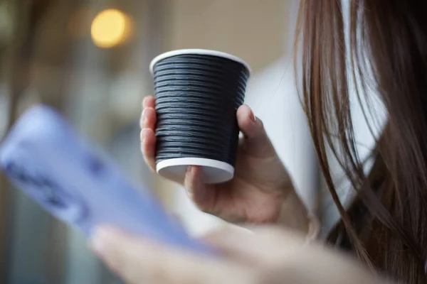 Young Woman Holding Disposable Paper Cup Coffee Hand Female Person — Stock Photo, Image
