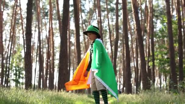 Funny Little Boy Leprechaun Hat Clothes Spinning Large Flag Ireland — стоковое видео