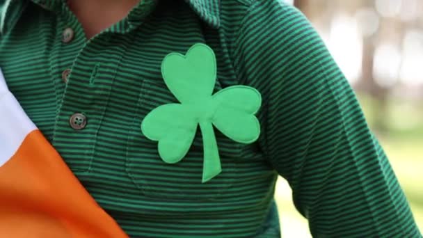 Little Boy Wearing Green Clover Leaf Symbol Patricks Day Celebration — Vídeos de Stock