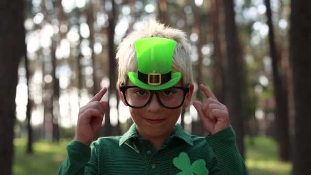 Cute Little Boy Posing Green Festival Clothes Saint Patricks Day — Stockvideo