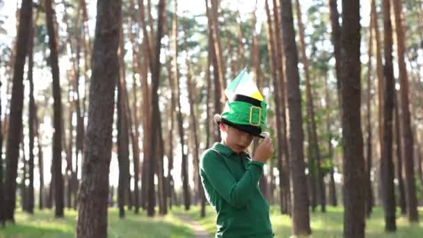 Funny Little Boy Dressed Leprechaun Patricks Day Celebration Video Clip — Vídeos de Stock