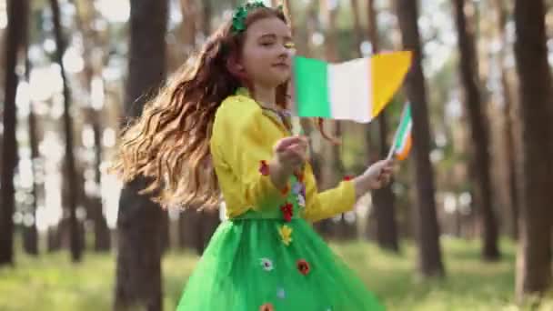 Cute Little Girl Celebrating Patricks Day Outdoor Festival Beautiful White — Stock video
