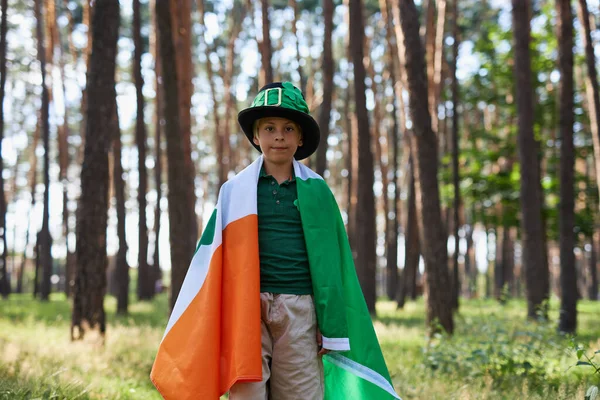 小男孩在庆祝圣帕特里克节 漂亮的白人孩子 穿着妖精服装 覆盖着爱尔兰的大旗 — 图库照片