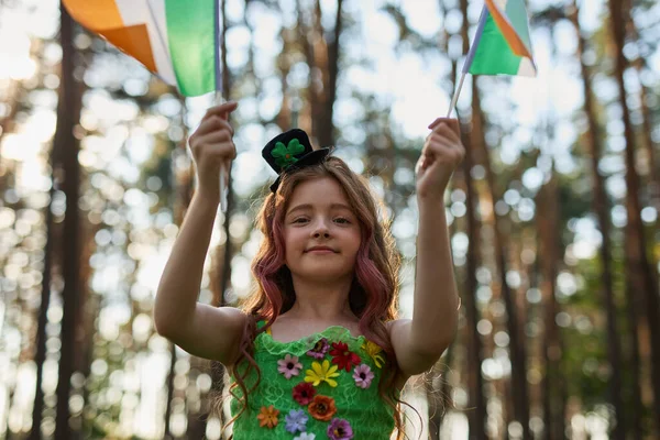 在圣帕特里克节这天 红头发的漂亮小女孩挥舞着爱尔兰国旗 打扮成妖精 — 图库照片