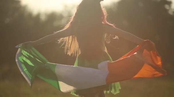 Kleines Rothaariges Mädchen Koboldkostüm Läuft Mit Irischer Flagge Bei Sonnenuntergang — Stockvideo