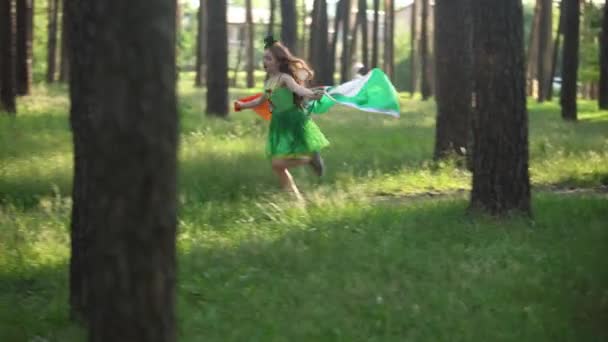 Cute Little Girl Green Fairy Costume Running Flag Ireland Patricks — Stock Video