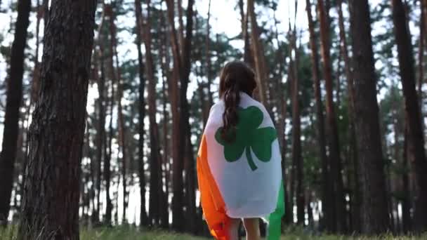 Little Redhead Girl Leprechaun Costume Walking Forest Covered Large Flag — Stock Video