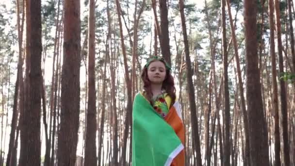 Cute Redhead Girl Covered Flag Ireland Walking Forest Patrick Day — Stock Video