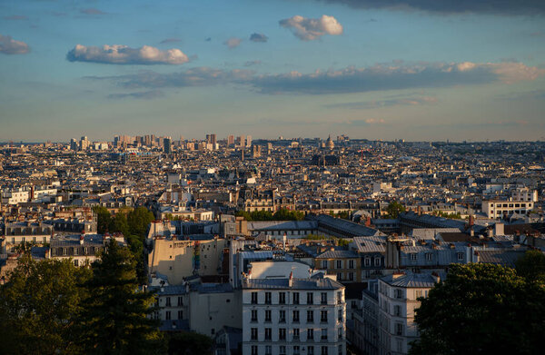 Skyline of center of Paris photographed from Montmartre hill at sunset. PARIS - 29 APRIL,2019