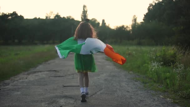 セントパトリックの日にアイルランドの旗で覆われた赤い髪の小さな少女 — ストック動画
