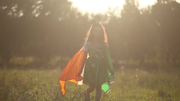 Roztomilá Zrzka Dívka Oblečená Jako Zelená Víla Kráčející Venku Vlajkou — Stock video