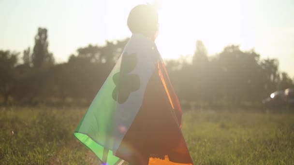 Liten Flicka Täckt Med Stor Flagga Irland Promenader Utomhus Ljus — Stockvideo