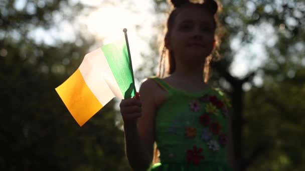 Linda Chica Duende Ondeando Con Bandera Irlanda Cámara Lenta Adorable — Vídeos de Stock
