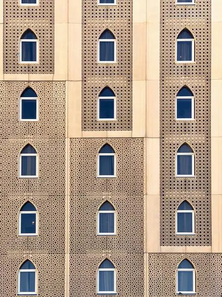 Facade of modern Arabic residential building in Al Fahidi district of Dubai, UAE
