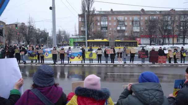 Stor Grupp Ukrainska Aktivister Poserar Med Banderoller Affischer Och Flaggor — Stockvideo