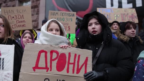 Young Ukrainian Activists Chant Mayor Give Drones Banner Drones Army — Stock Video
