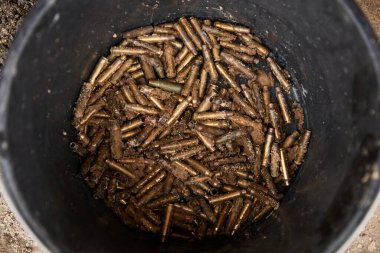 Atış poligonunda boş AK 74 5.45 mm 'lik mermiler. Kyiv - 27 Ocak 2024