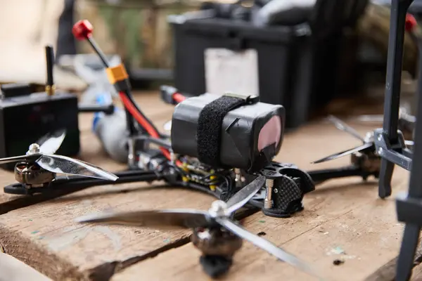 stock image Fpv bomber drone for Ukrainian army. Handmade copter for airstrikes. Kyiv - 27 January,2024