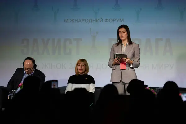 stock image Iryna Nikorak, founder of the Arm Women Nov foundation, People's Deputy of Ukraine, head of the subcommittee on issues of rehabilitation of veterans speaking at forum. Kyiv - 31 January,2024