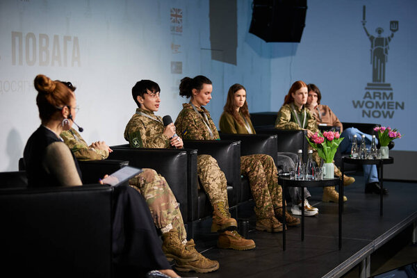 Ukrainian female officers and soldiers speak on stage of Forum "Protection and Respect. The Role of Women in Achieving Peace in Ukraine" by Arm Women Now project. Kyiv - 31 January,2024