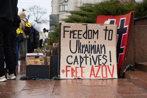 Bannière Liberté Aux Prisonniers Ukrainiens Libérer Azov Lors Rassemblement Public — Photo