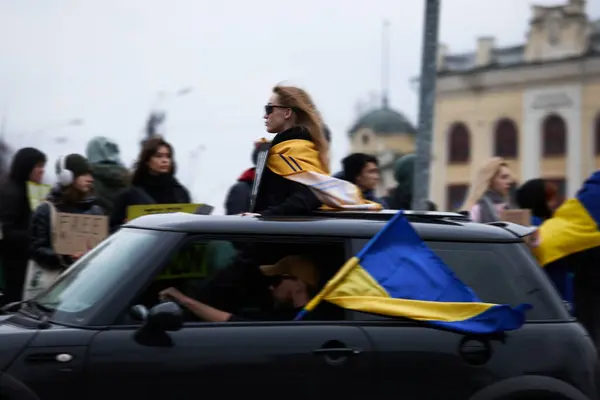 Young Woman Wearing National Flag Ukraine Moving Vehicle Public Demonstration — Stok fotoğraf