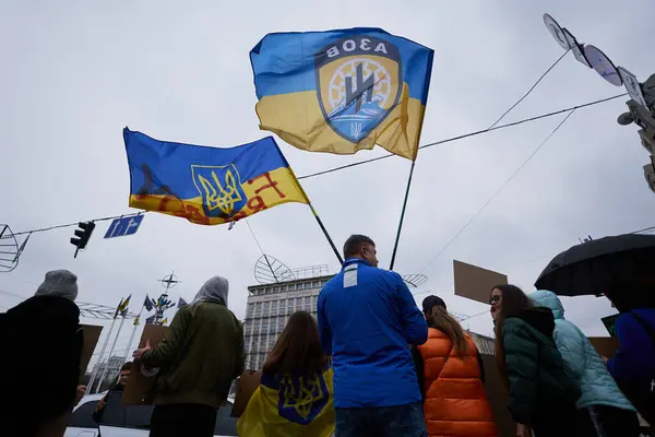 Activist Waving Flags Ukraine Azov Brigade Peaceful Demonstration Dedicated Captured Royalty Free Stock Images