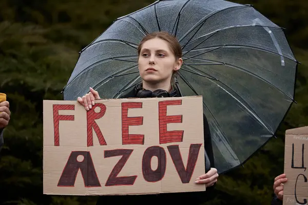Ukrainian Woman Shows Sign Free Azov Public Rally Release Captured Royalty Free Stock Images
