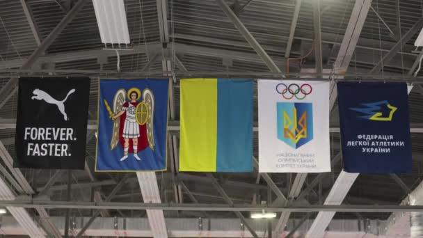 ウクライナの国旗とウクライナのフェンシング選手権の全国オリンピック委員会は 屋内スポーツアリーナで キエフ 2024 ストック動画