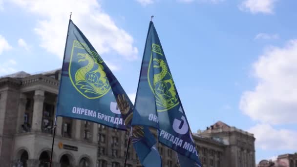 Vlajky Námořní Brigády Ukrajiny Vlnící Větru Veřejné Demonstraci Centru Kyjeva — Stock video