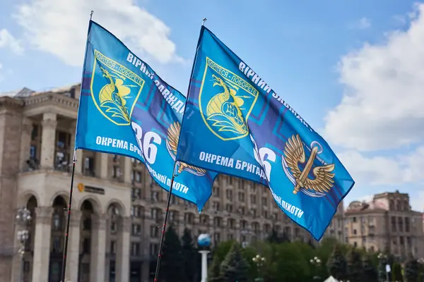 키예프의 중심에 시위에서 바람에 흔들리는 우크라이나의 여단의 2024 스톡 사진