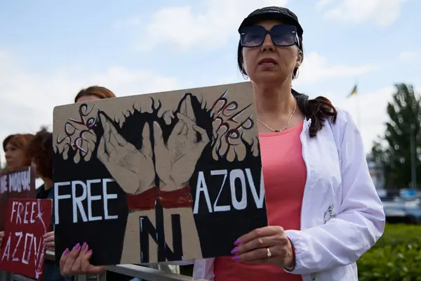 Ukrainian Woman Posing Sign Free Azov Public Rally Kyiv May Imágenes De Stock Sin Royalties Gratis